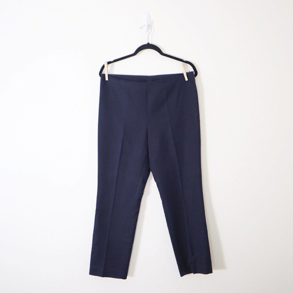Akris US 12 Flat Front Slim Leg Pants Navy Blue Side Zip Cotton Twill Waist 34